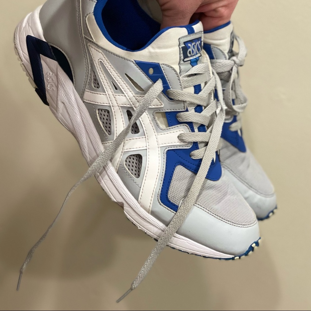 Gray and blue ASICS sneakers